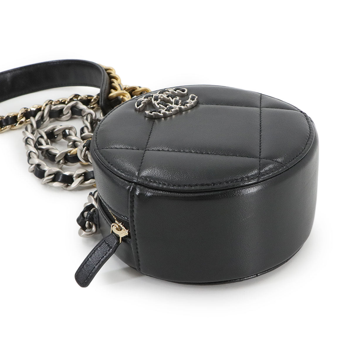 CHANEL 19 Round Clutch Chain Shoulder Bag Leather Black AP0945 Purse