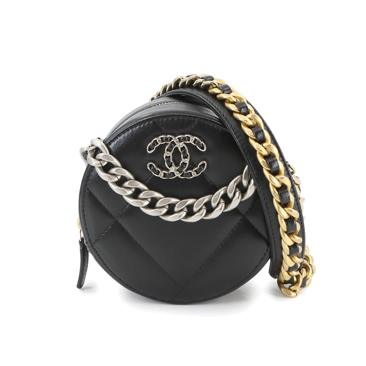 CHANEL 19 Round Clutch Chain Shoulder Bag Leather Black AP0945 Purse