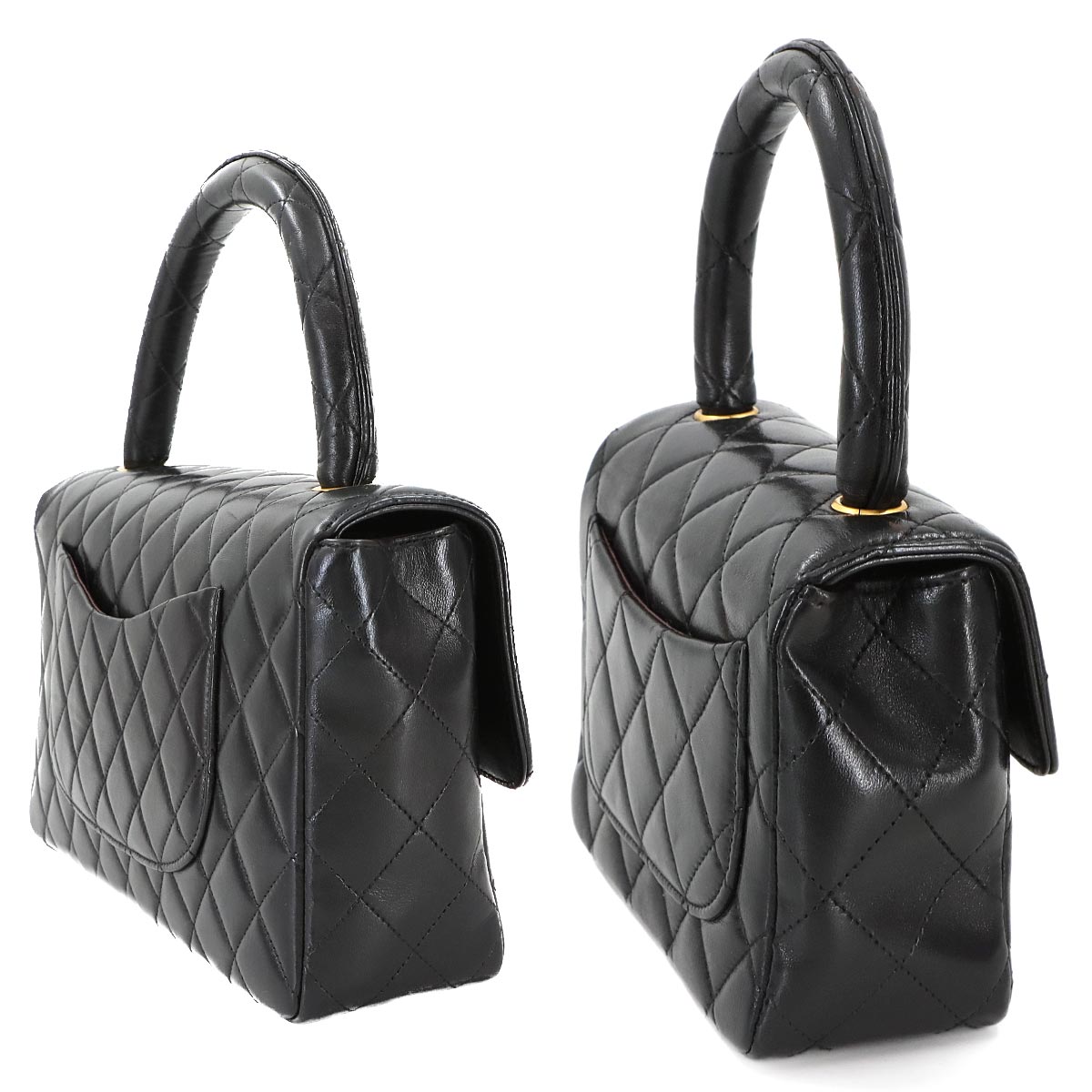 Pair Matelasse Hand Bag Leather Black Vintage Purse