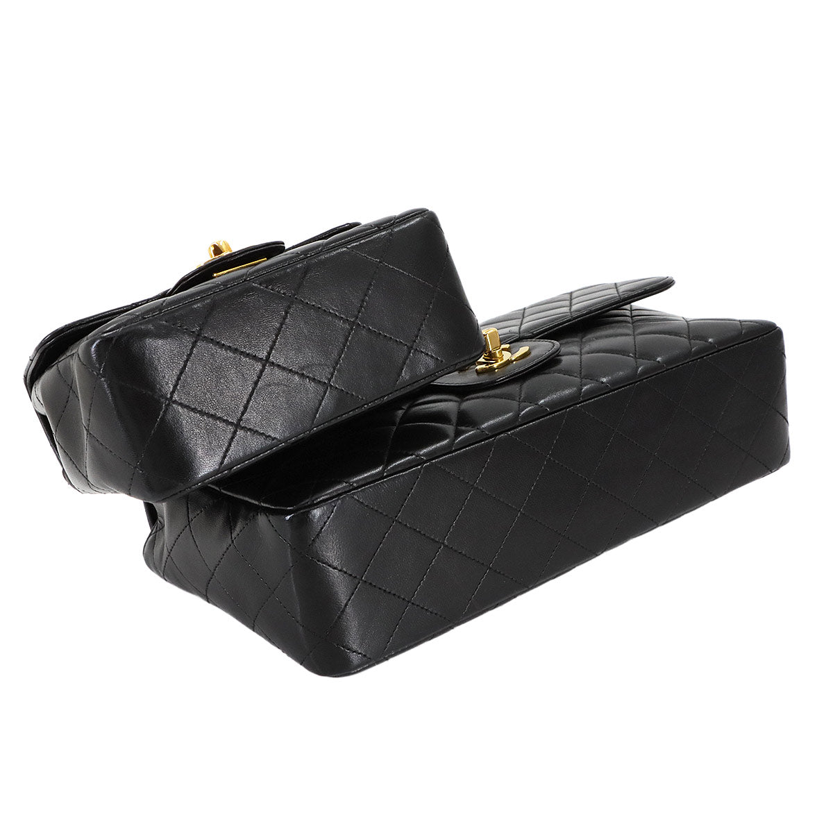 Pair Matelasse Hand Bag Leather Black Vintage Purse