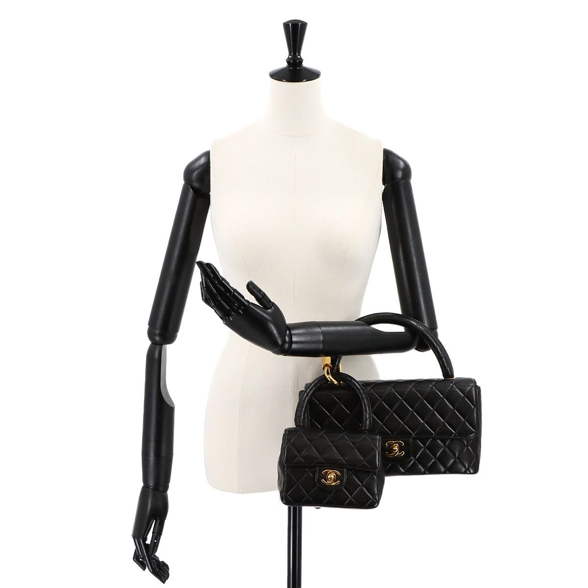 Pair Matelasse Hand Bag Leather Black Vintage Purse