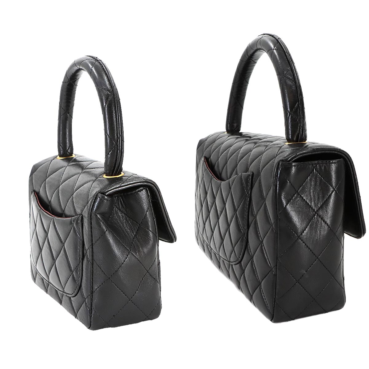 Pair Matelasse Hand Bag Leather Black Vintage Purse