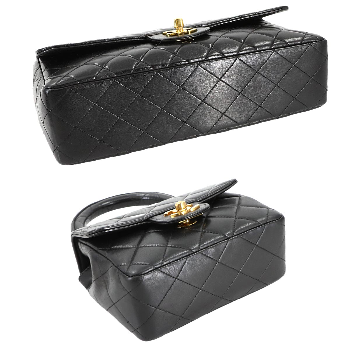 Pair Matelasse Hand Bag Leather Black Vintage Purse