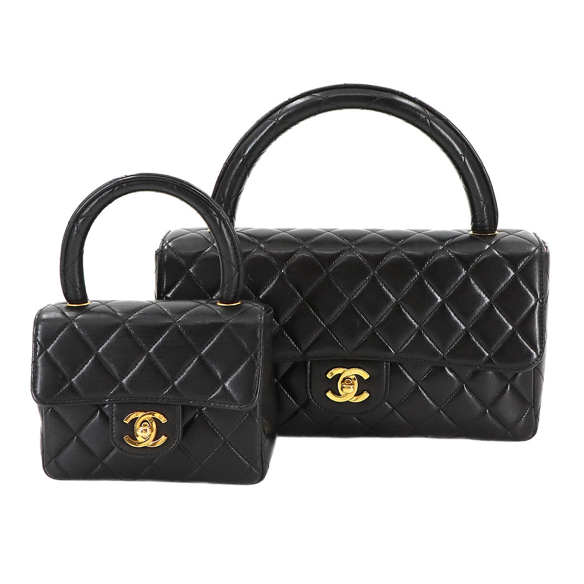 Pair Matelasse Hand Bag Leather Black Vintage Purse