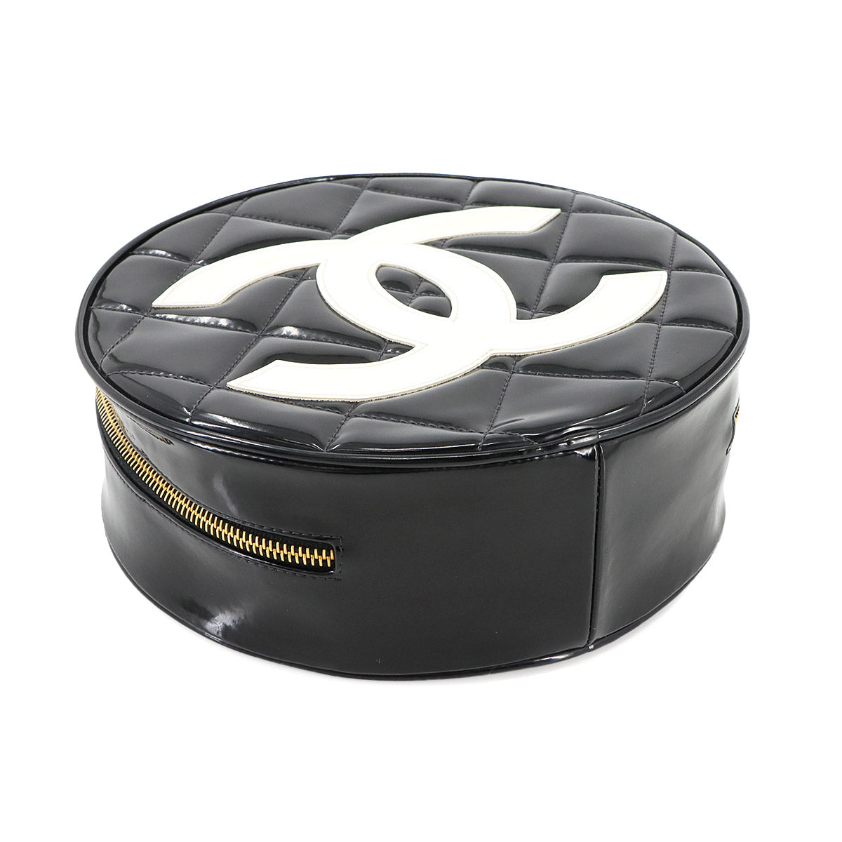 Matelasse Round Vanity Hand Bag Enamel Black White Vintage
