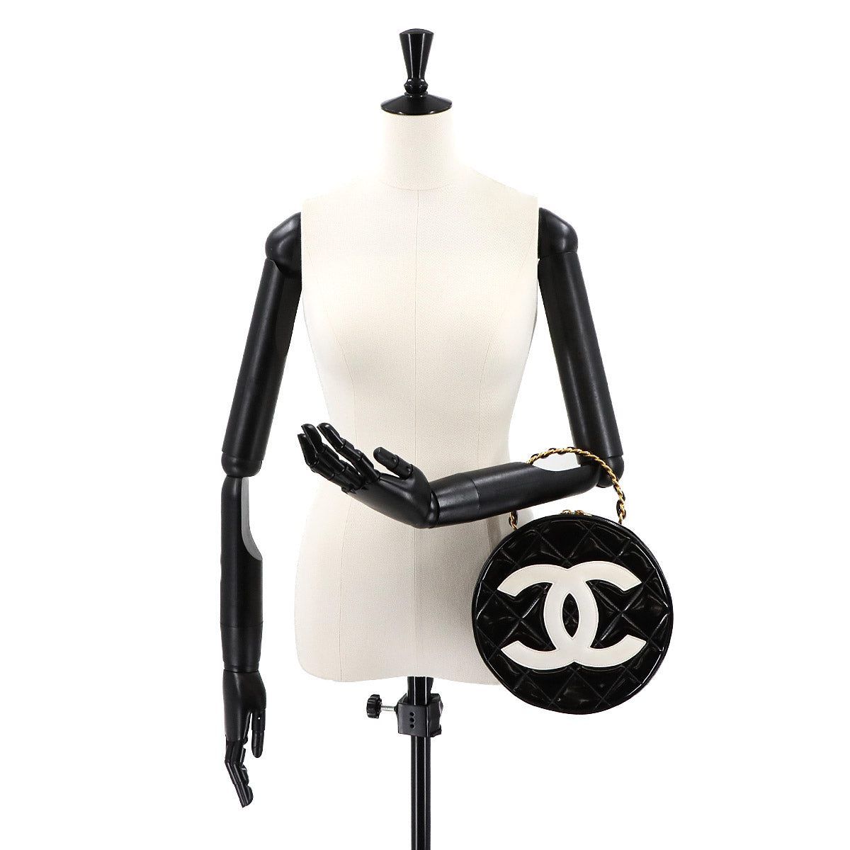 Matelasse Round Vanity Hand Bag Enamel Black White Vintage