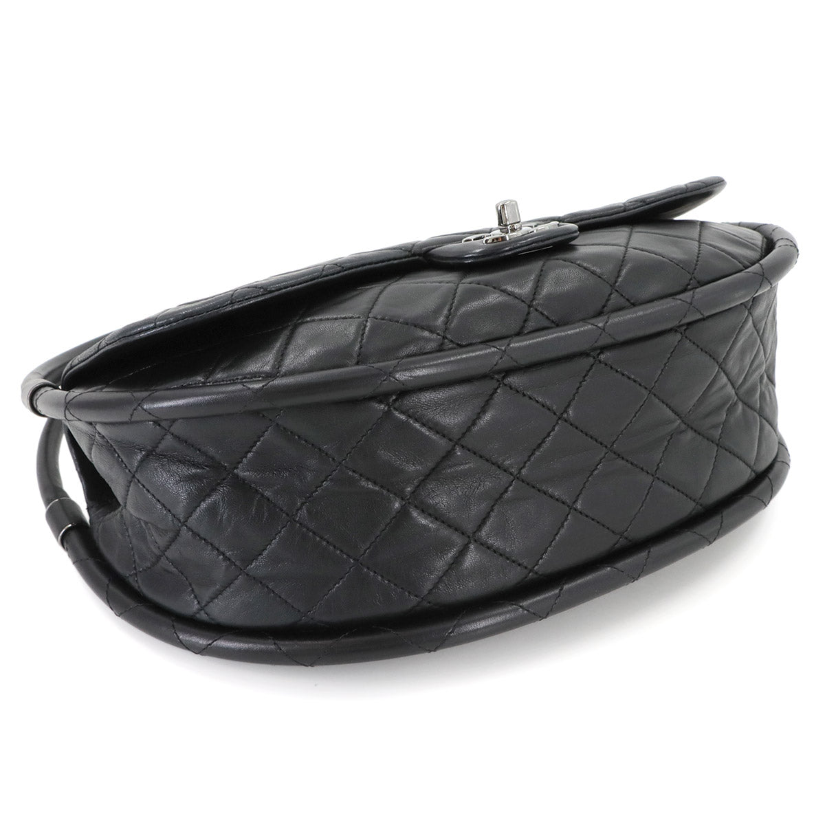 Matelasse Hula Hoop Hand Bag Leather Black Purse