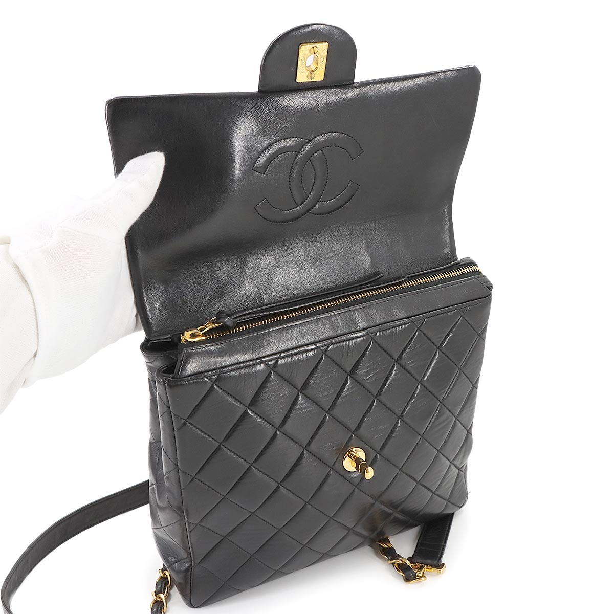 Matelasse Chain Backpack Leather Black Purse Vintage