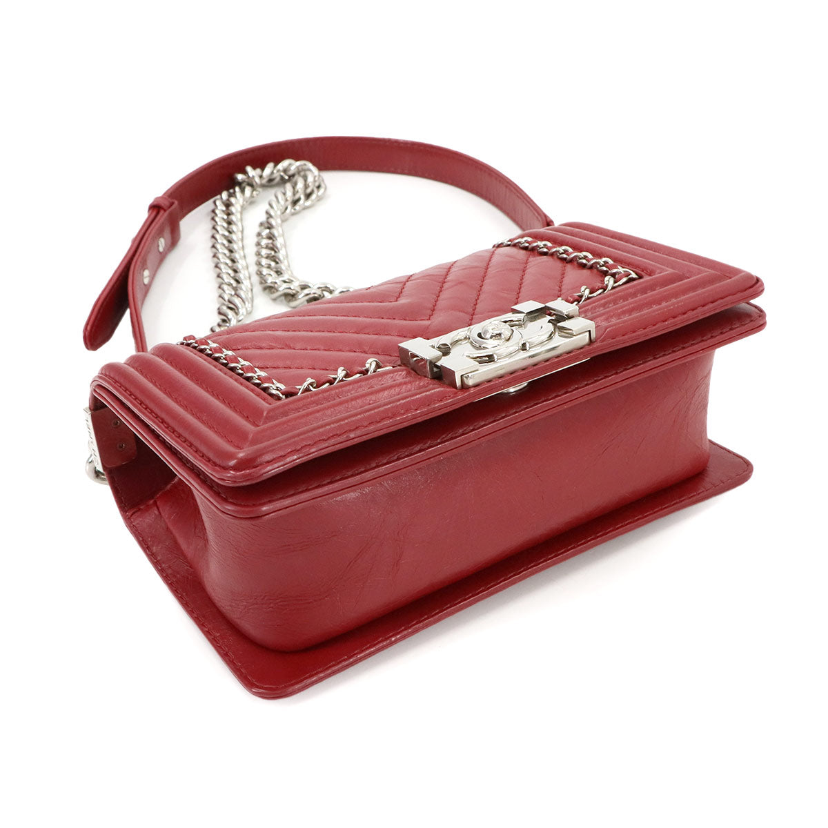 BOY CHANEL Small Chain Shoulder Bag Leather Red A67085 Chevron