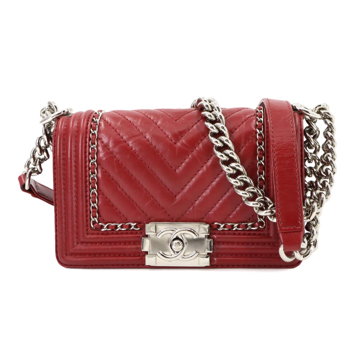 BOY CHANEL Small Chain Shoulder Bag Leather Red A67085 Chevron