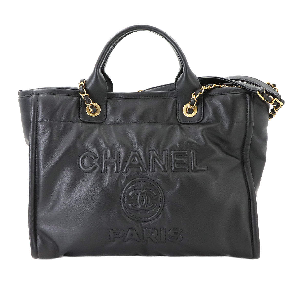 Deauville Tote Chain Shoulder Bag Leather Black AS3351