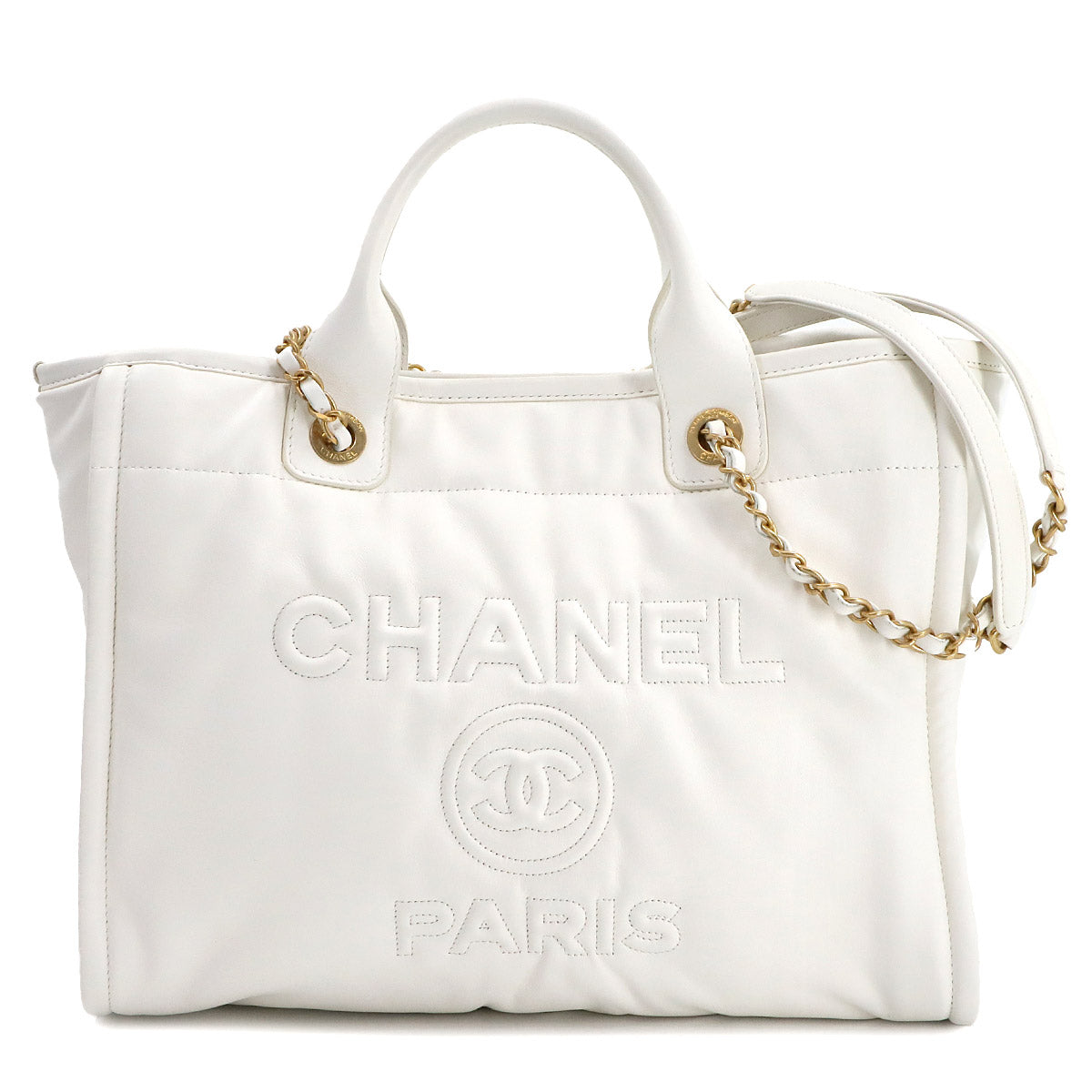Deauville Tote Chain Shoulder Bag Leather White AS3351