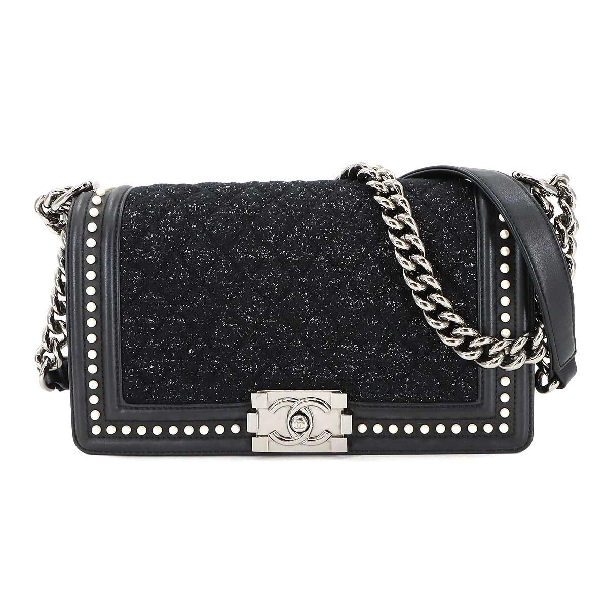 Boy Chanel Chain Shoulder Bag Tweed Leather Black A67086