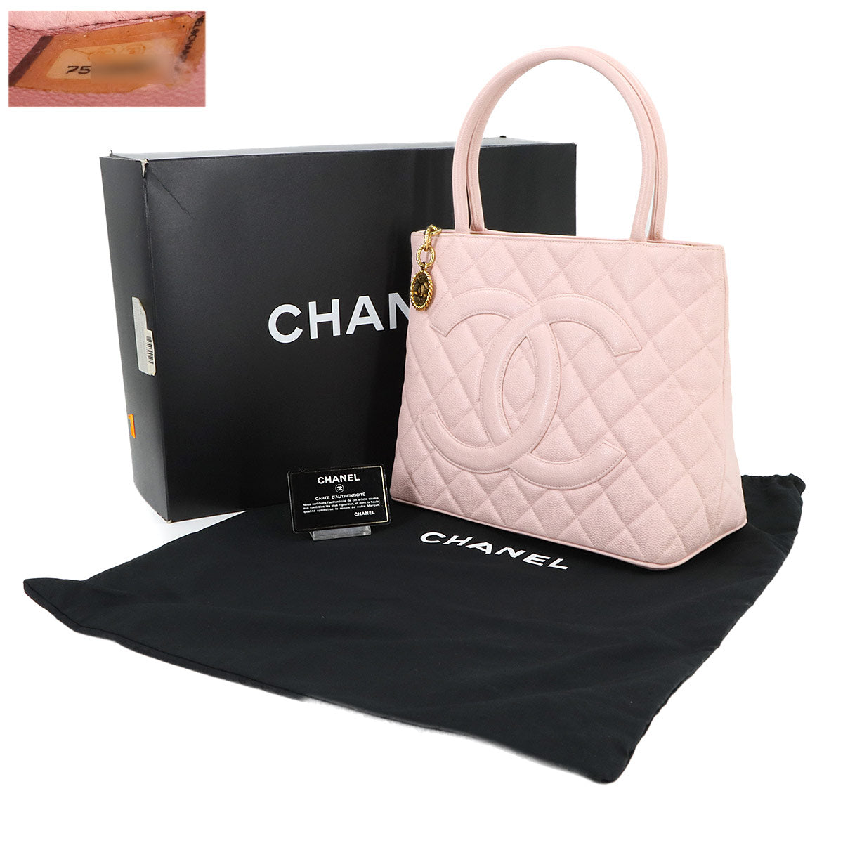 Medallion Tote Bag Caviar Skin Leather Pink A01804 Coco Logos