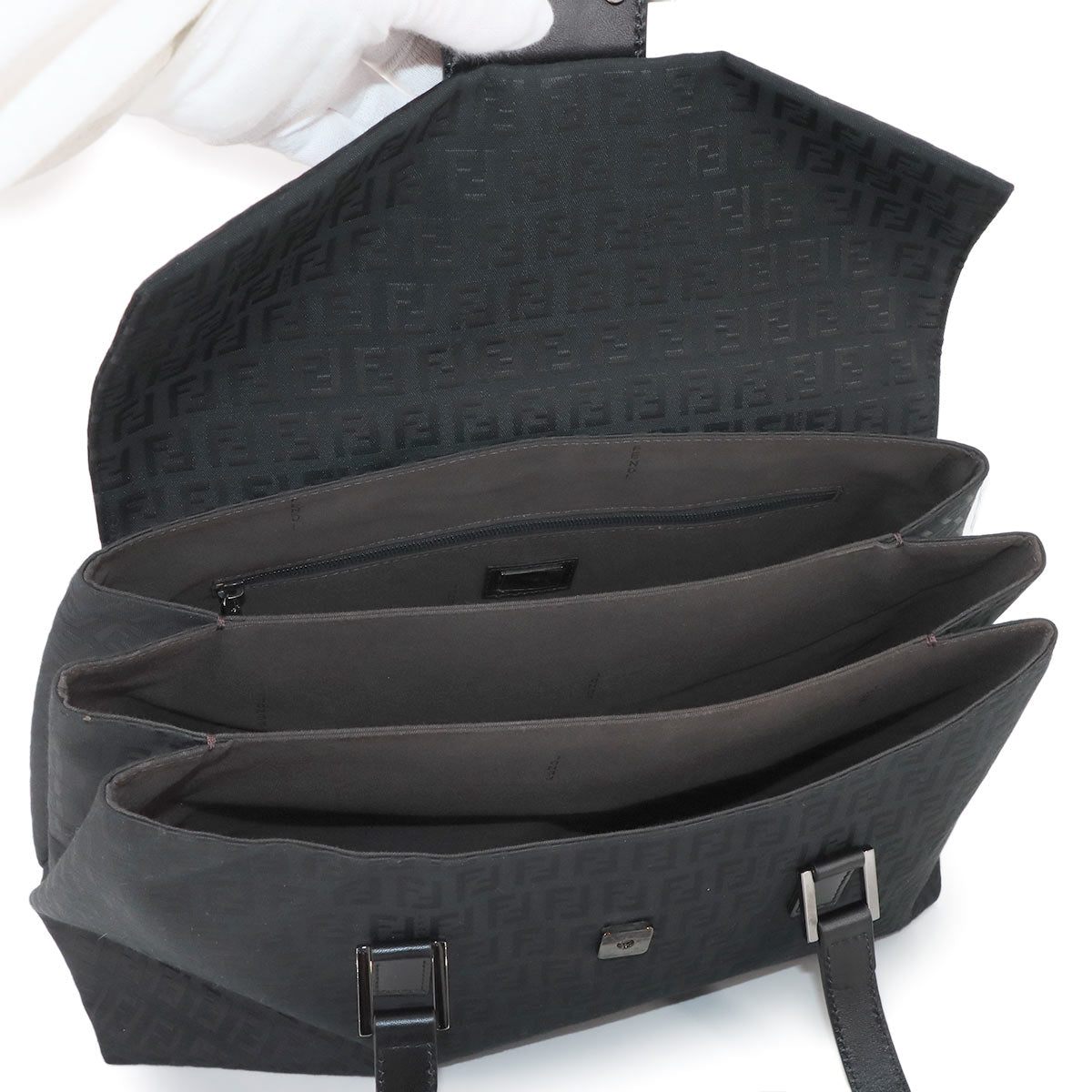 FENDI Zucchino Tote Bag Canvas Leather Black 8BN188 FF Purse