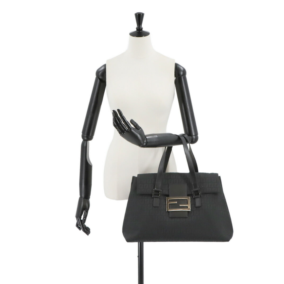 FENDI Zucchino Tote Bag Canvas Leather Black 8BN188 FF Purse