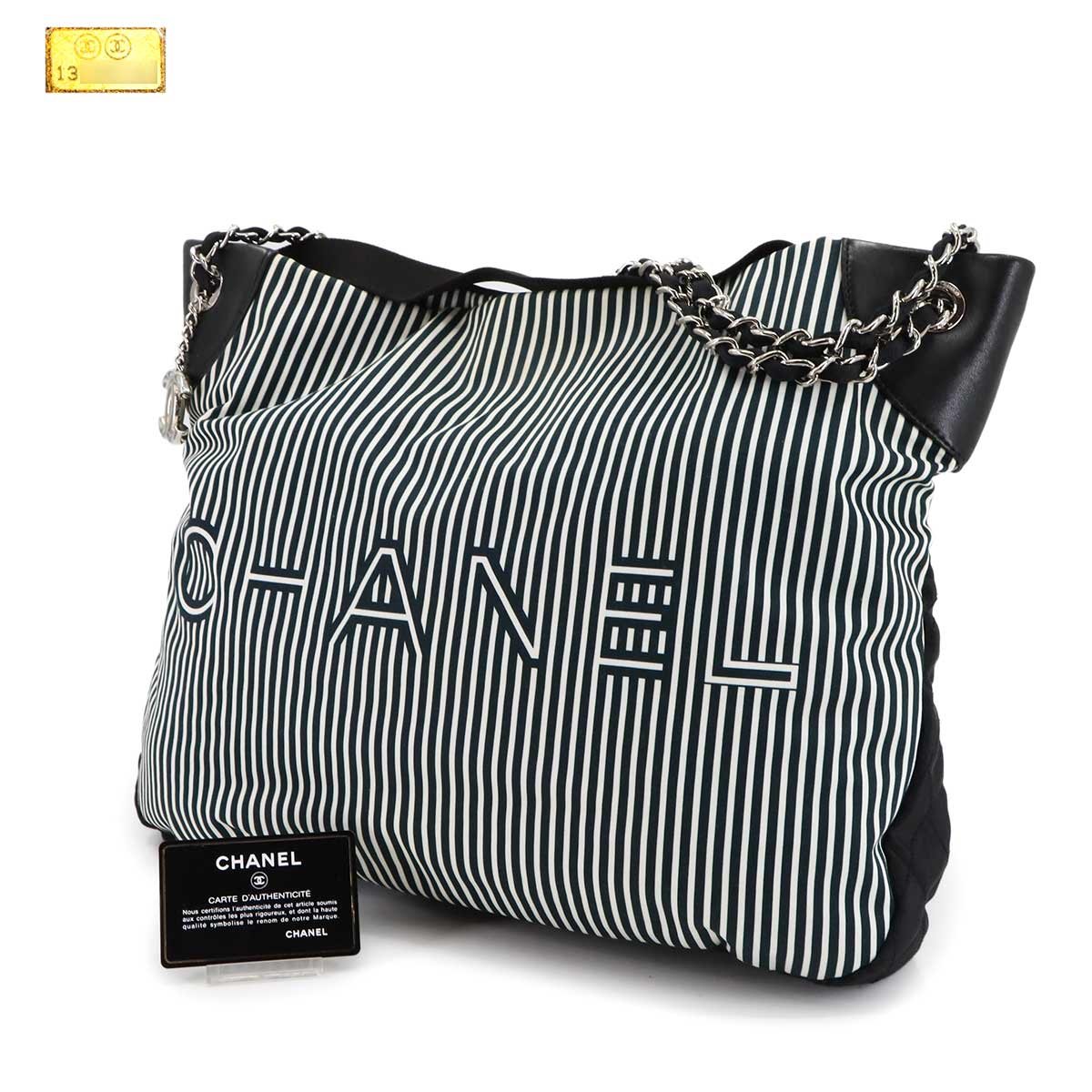 Stripe Chain Tote Shoulder Bag Canvas Leather Black White Purse