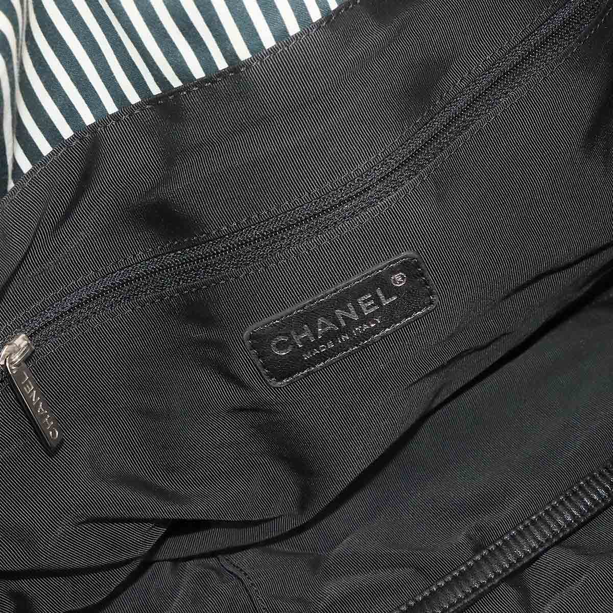 Stripe Chain Tote Shoulder Bag Canvas Leather Black White Purse