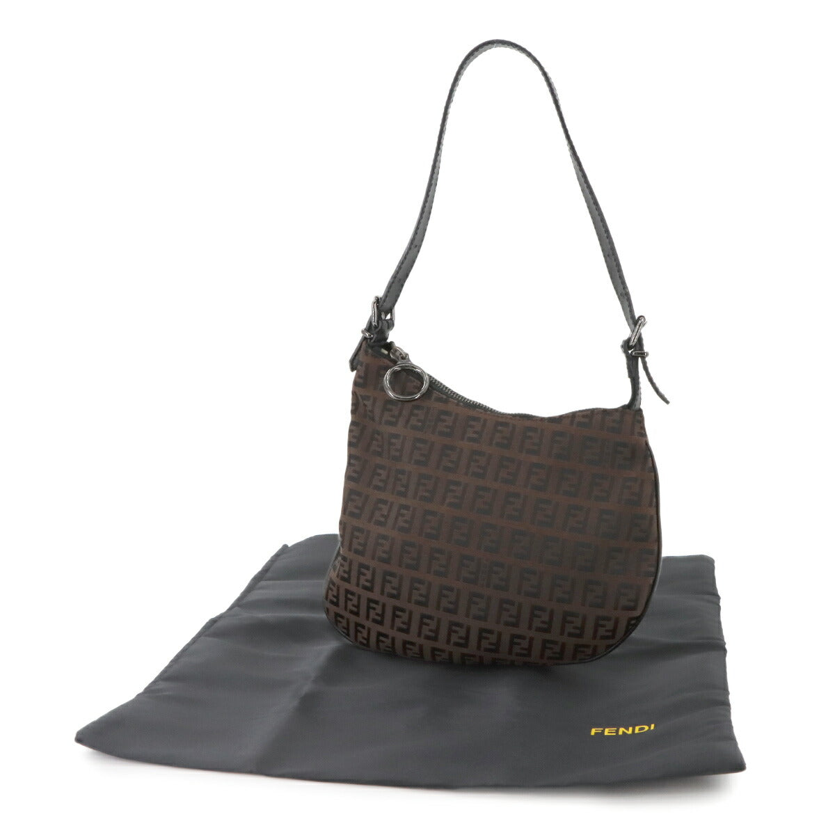 FENDI Zucchino Shoulder Bag Canvas Leather Brown Black 8BR248 Purse