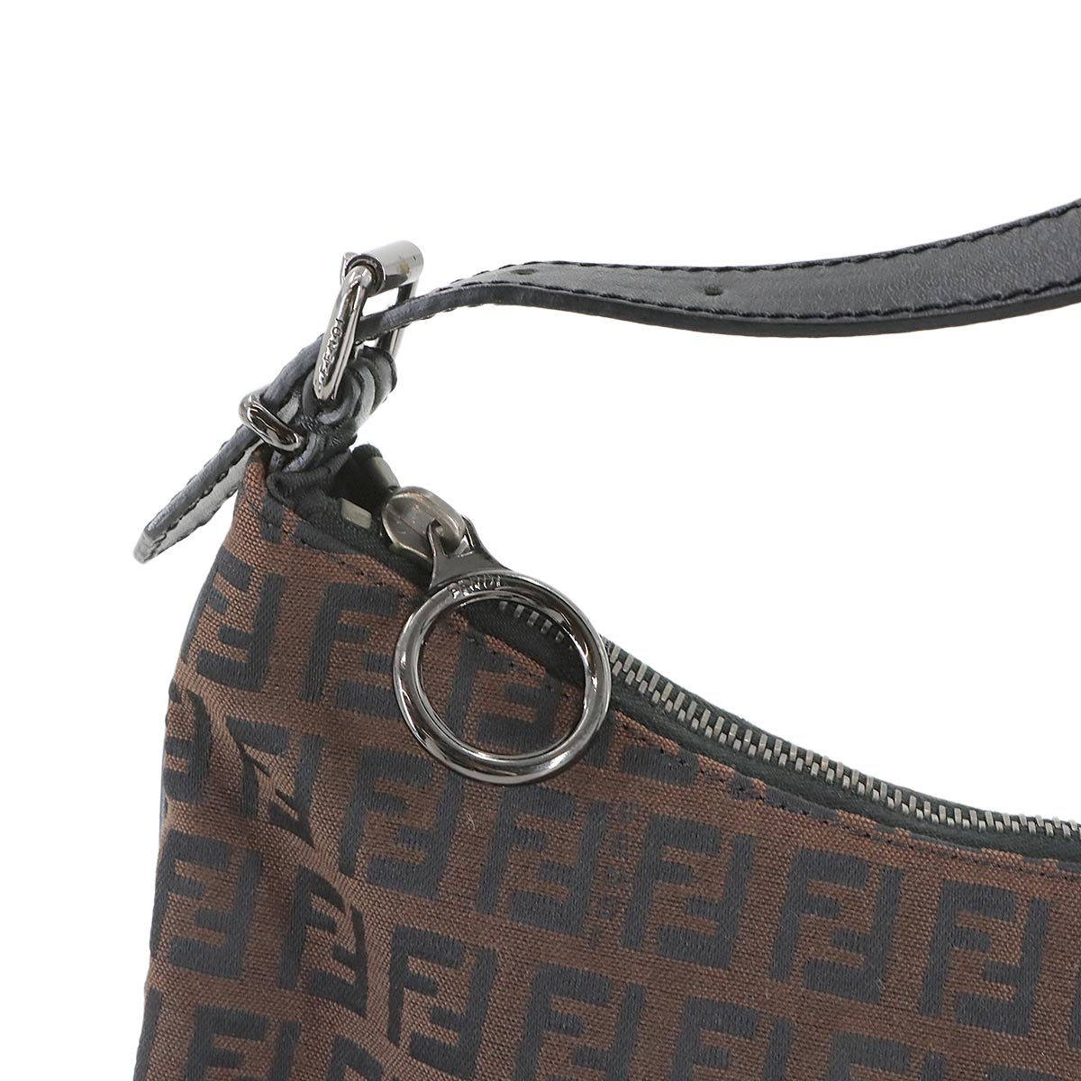 FENDI Zucchino Shoulder Bag Canvas Leather Brown Black 8BR248 Purse