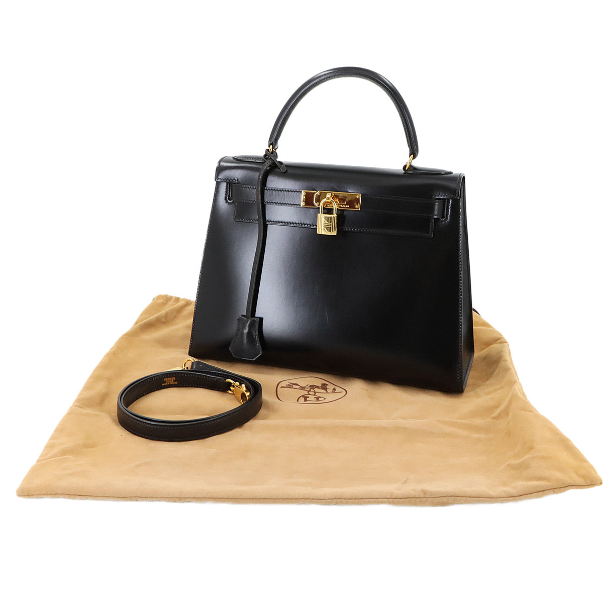 Kelly 28 Box carf Black 2way Hand Shoulder Bag Purse