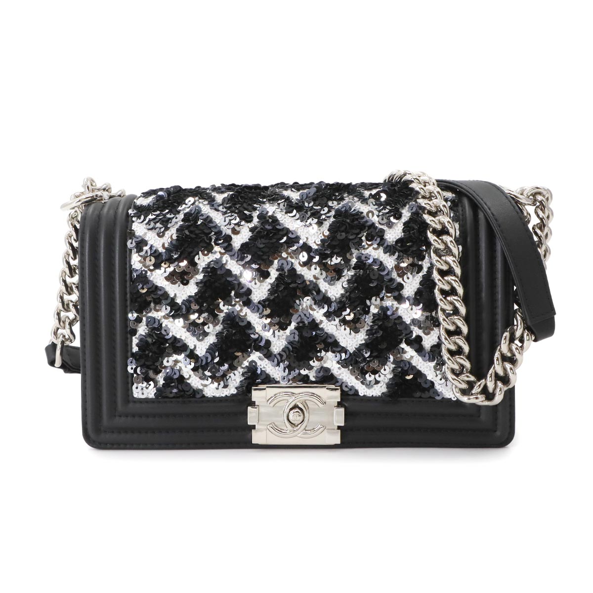 BOY CHANEL Chain Shoulder Bag Leather Sequins Black A67086