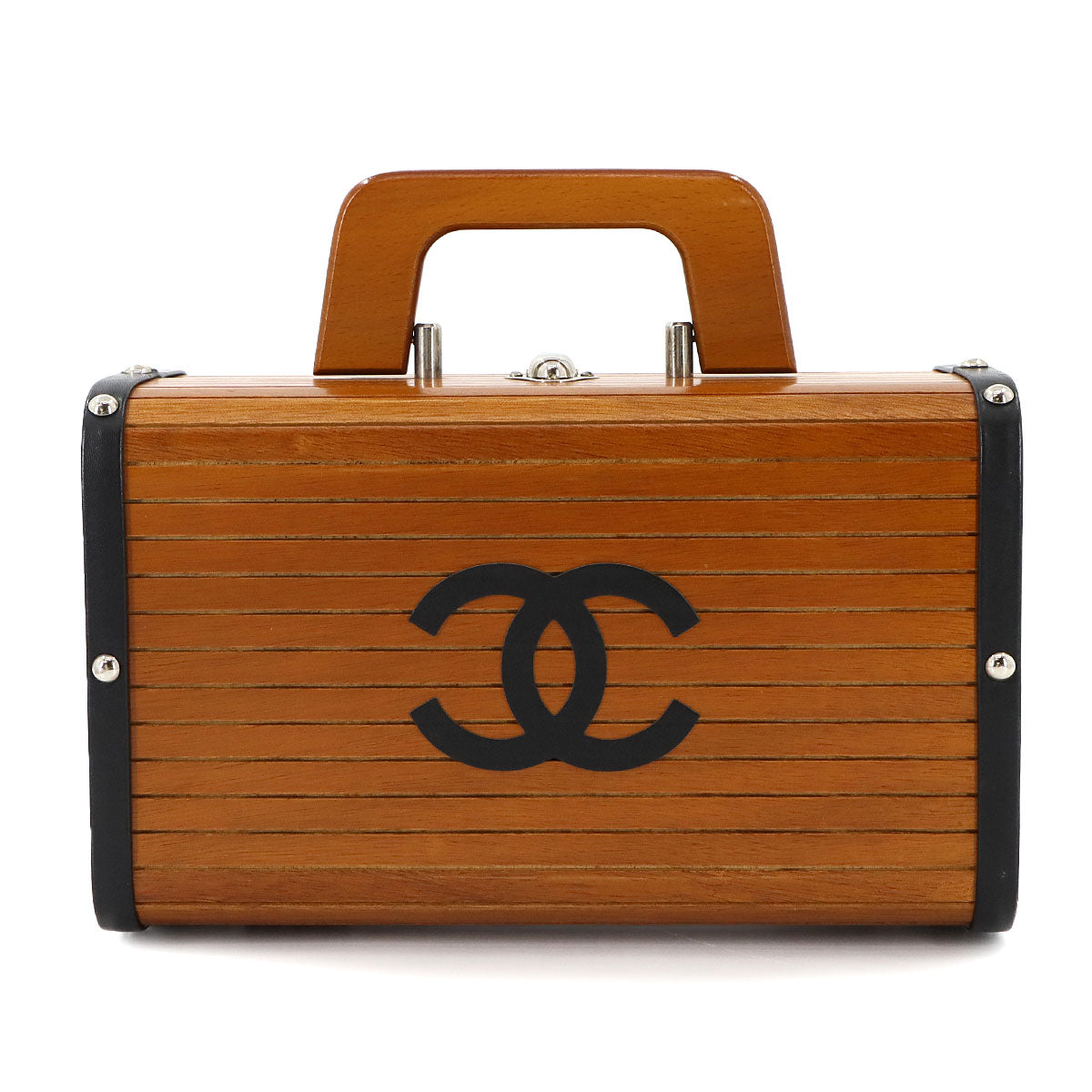 Wood Vanity Hand Bag Leather Brown Black CC Purse