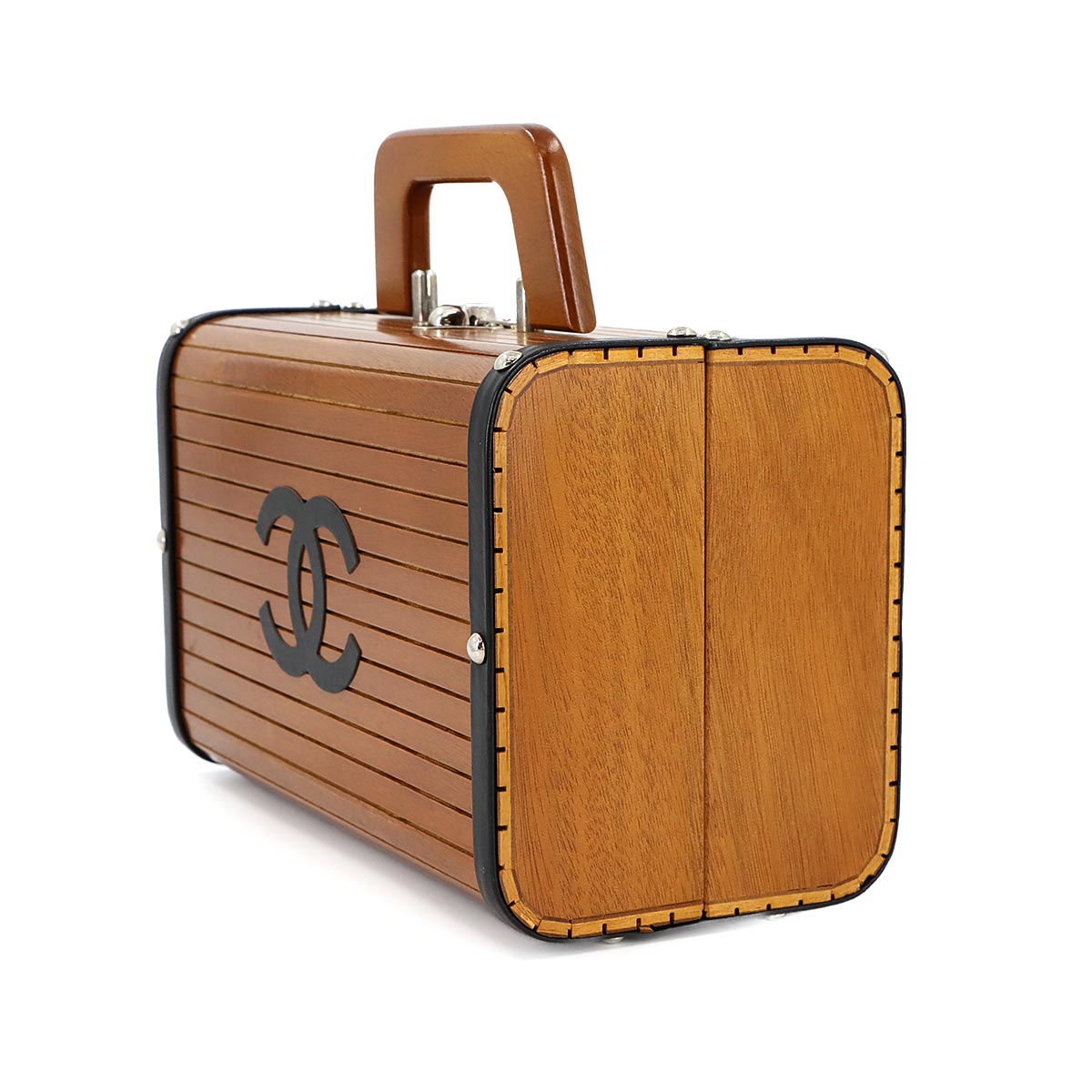 Wood Vanity Hand Bag Leather Brown Black CC Purse