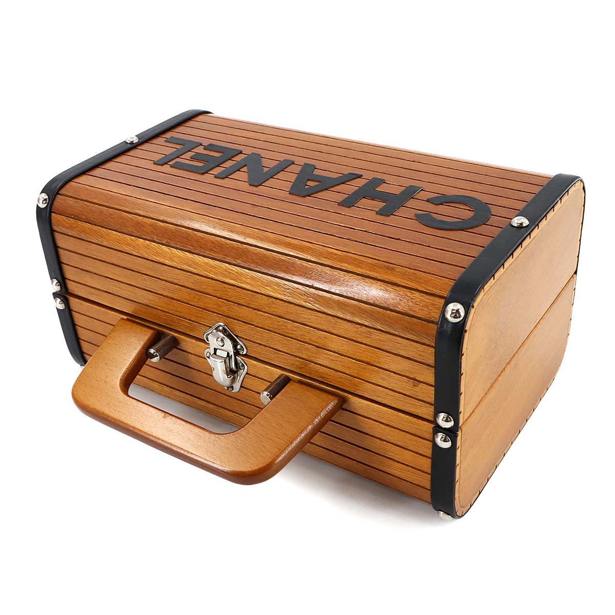 Wood Vanity Hand Bag Leather Brown Black CC Purse