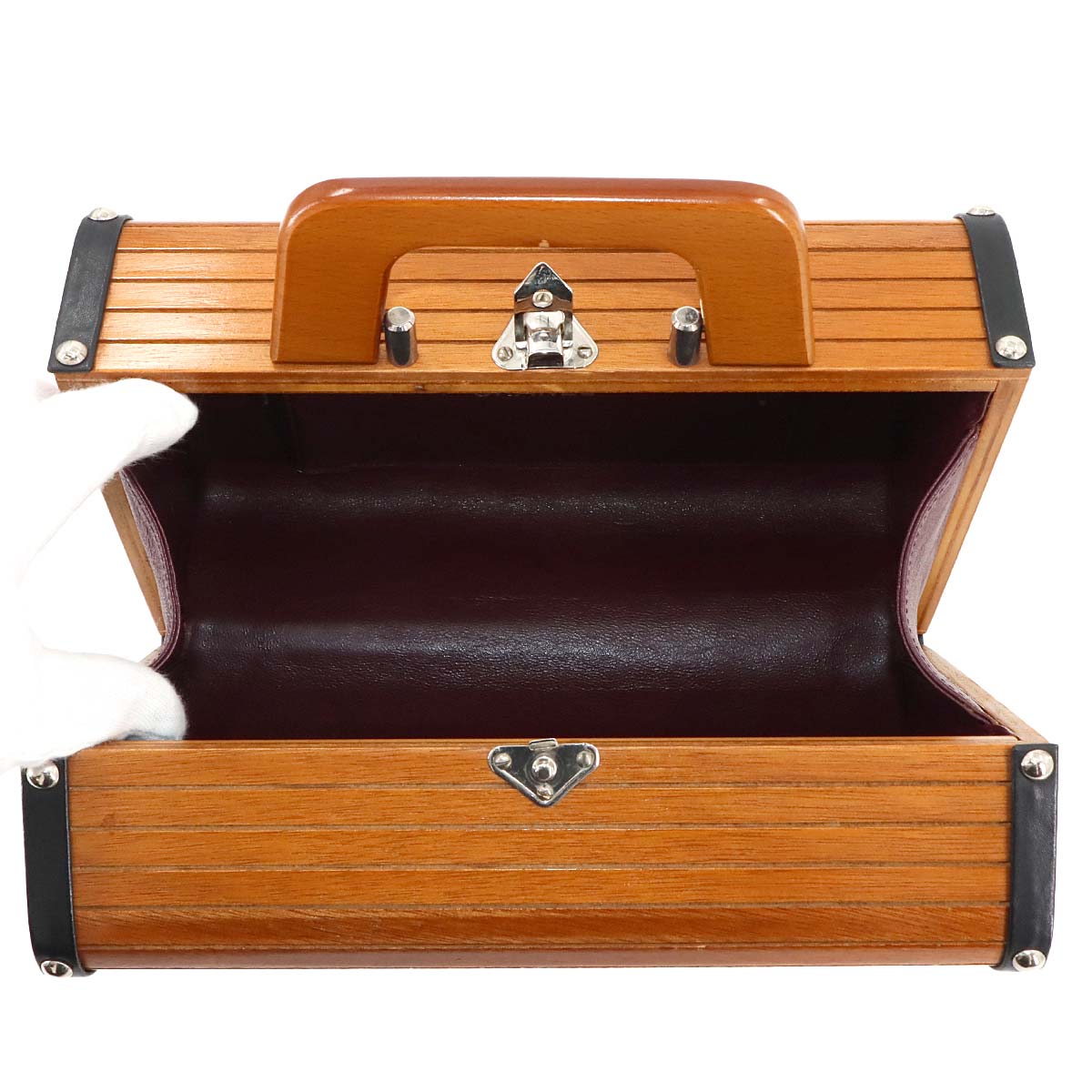 Wood Vanity Hand Bag Leather Brown Black CC Purse