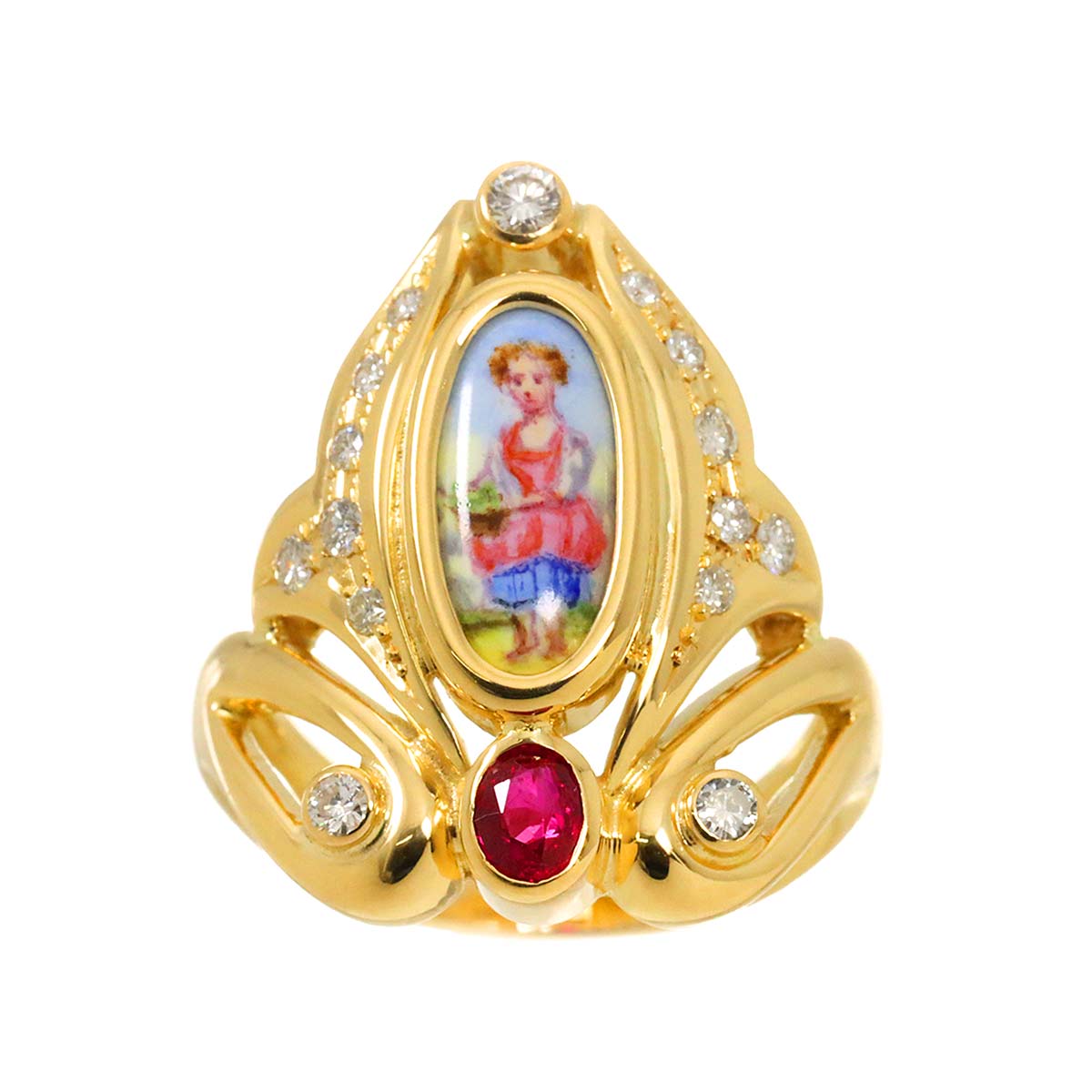 Enamel Diamond 0.30ct Ruby 0.25ct Ring 18K YG 750 size6(US)