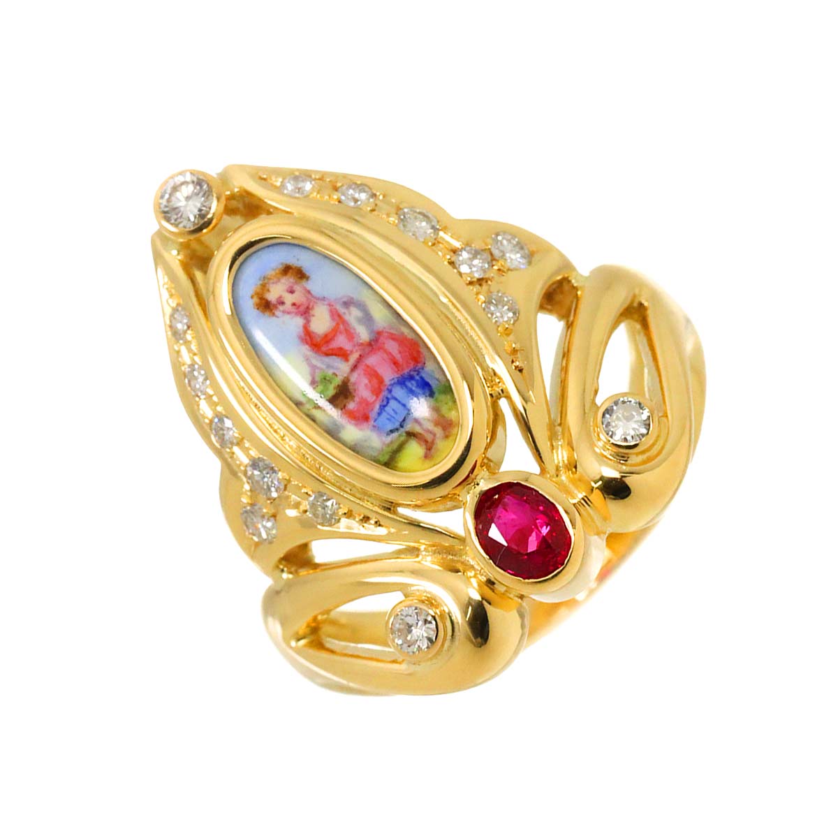 Enamel Diamond 0.30ct Ruby 0.25ct Ring 18K YG 750 size6(US)