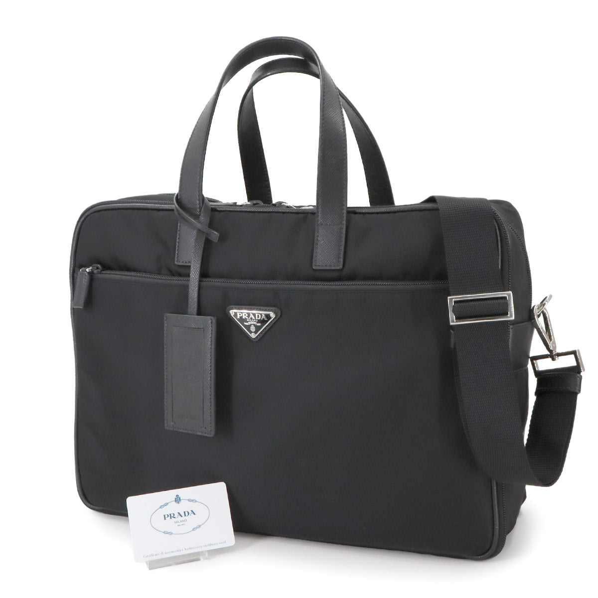 Briefcase Shoulder Bag Nylon Saffiano Leather Black 2VE407