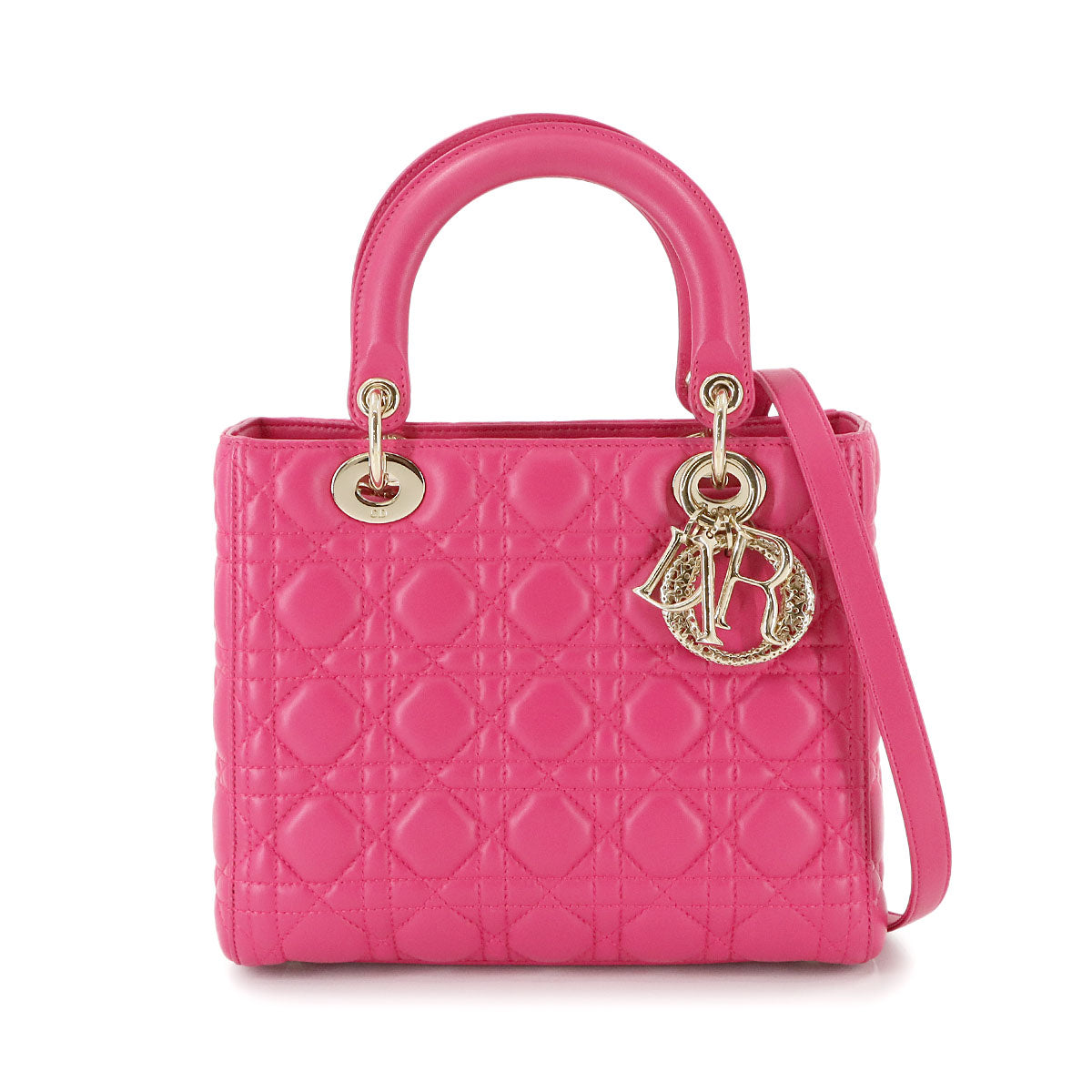 Chiristian Dior Lady Dior Medium Hand Shoulder Bag Leather Pink