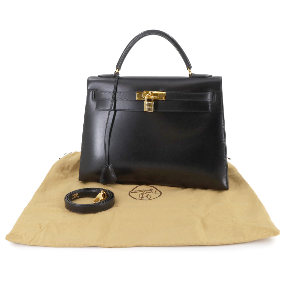 Kelly 32 Box calf Black 2way Hand Shoulder Bag Purse