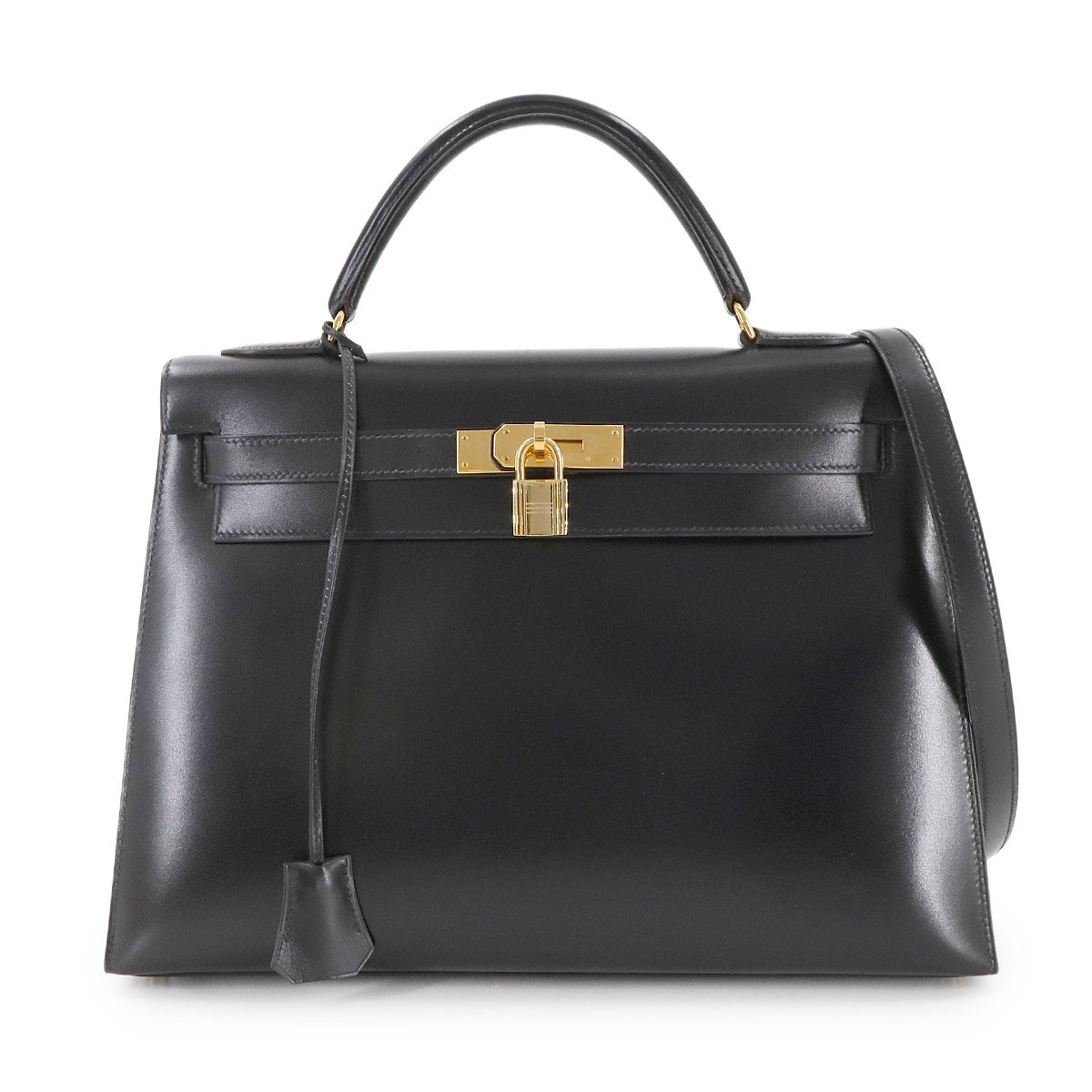 Kelly 32 Box calf Black 2way Hand Shoulder Bag Purse