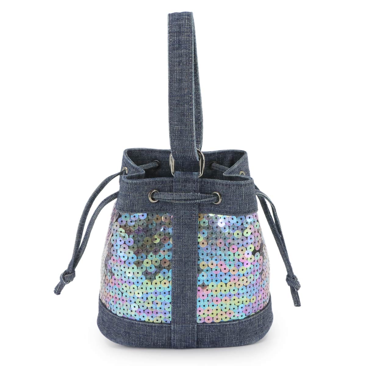 Mini Bucket Hand Bag Denim Sequins Blue Purse