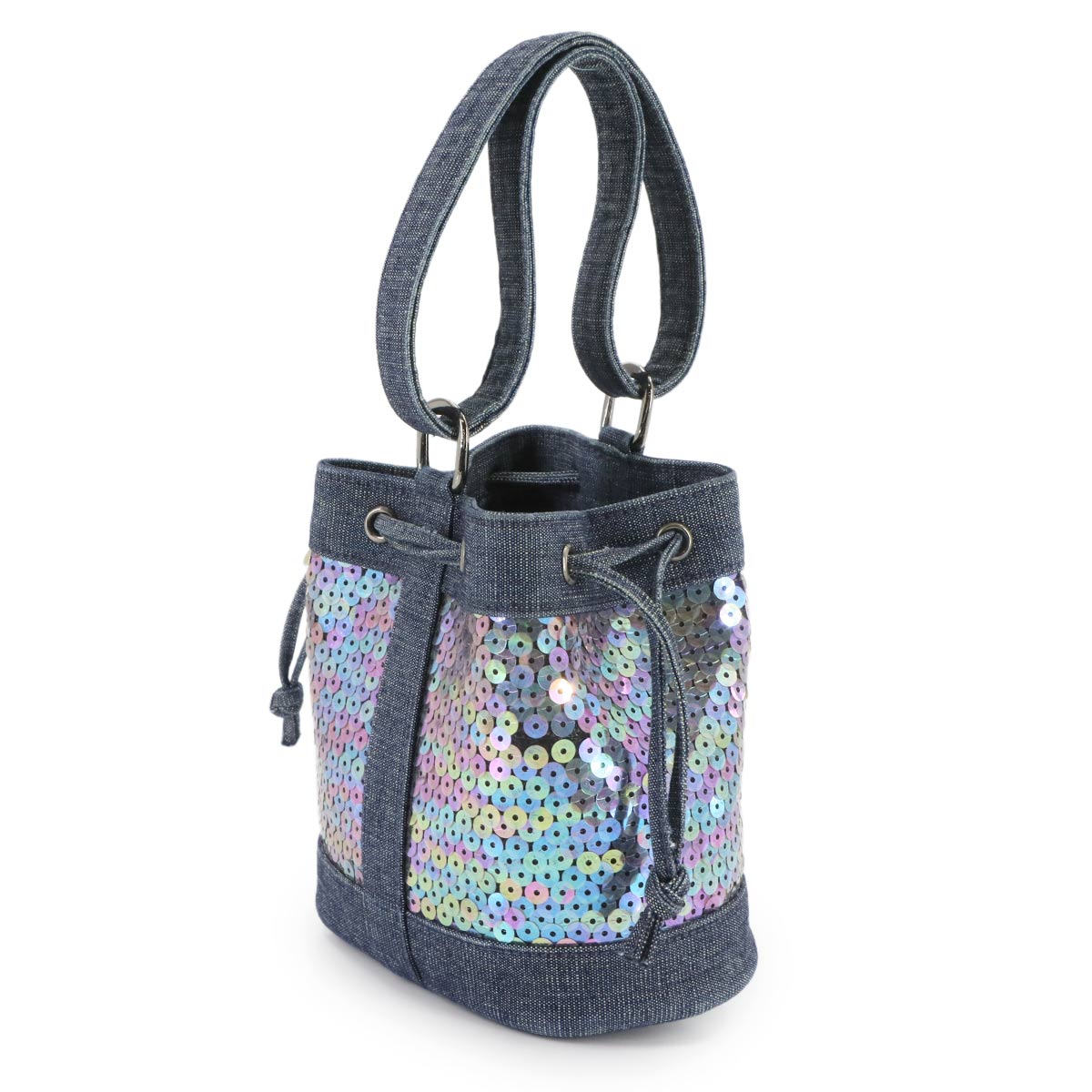 Mini Bucket Hand Bag Denim Sequins Blue Purse