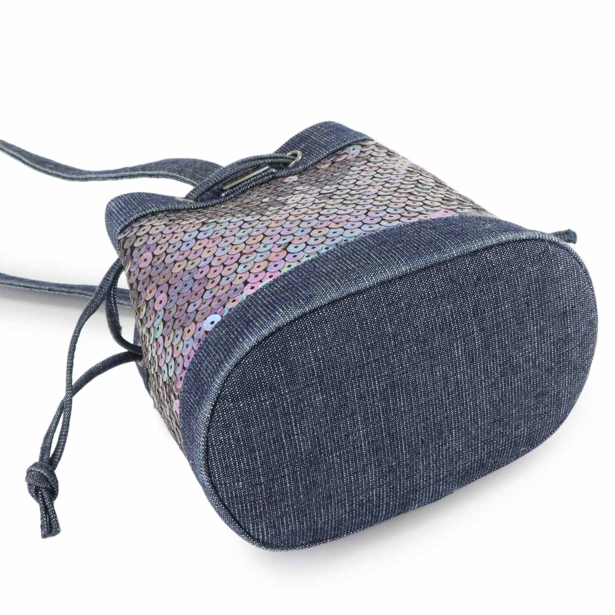 Mini Bucket Hand Bag Denim Sequins Blue Purse