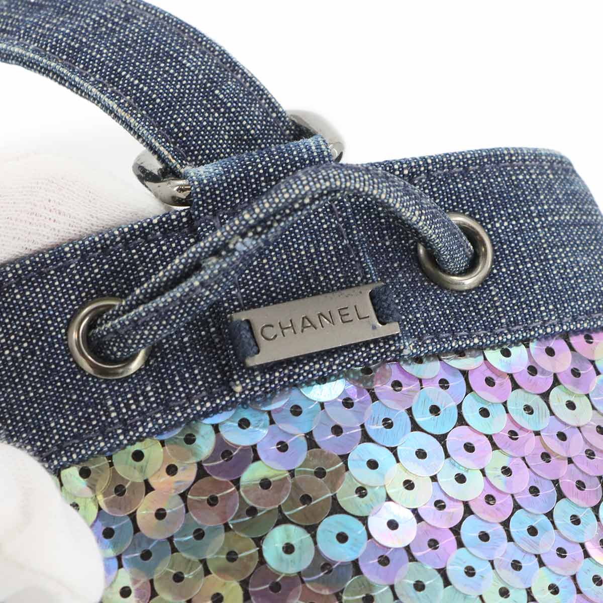 Mini Bucket Hand Bag Denim Sequins Blue Purse