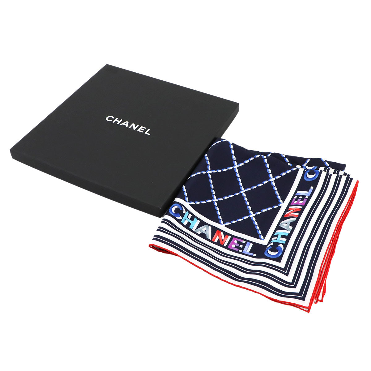 CC Logo Diamond Stitch Print Silk Scarf Navy Multicolor Accessory