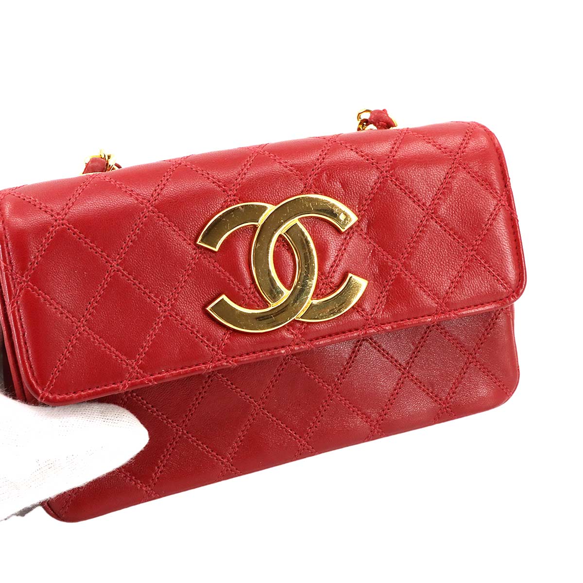 Bicolore Chain Shoulder Bag Leather Red Vintage Purse