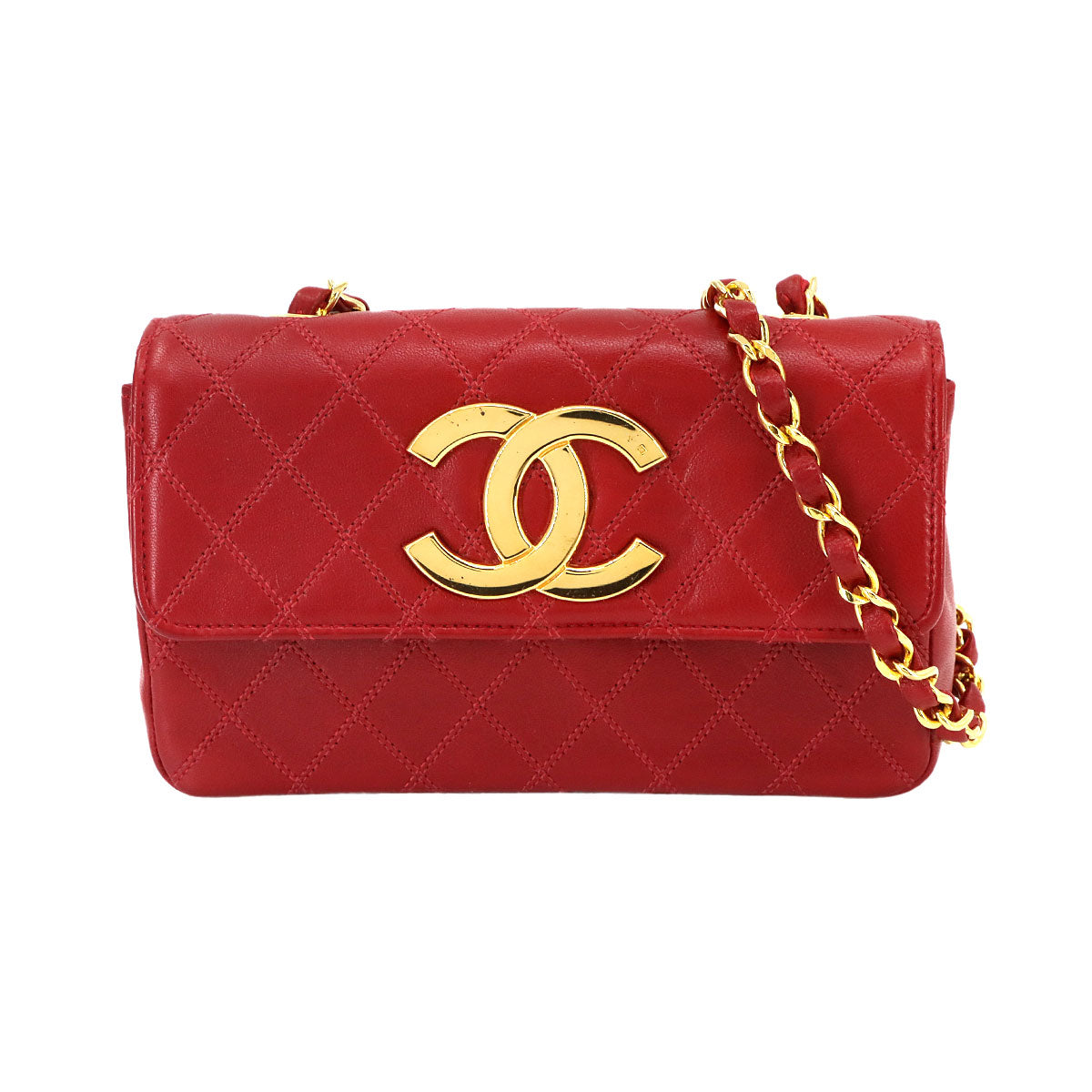 Bicolore Chain Shoulder Bag Leather Red Vintage Purse