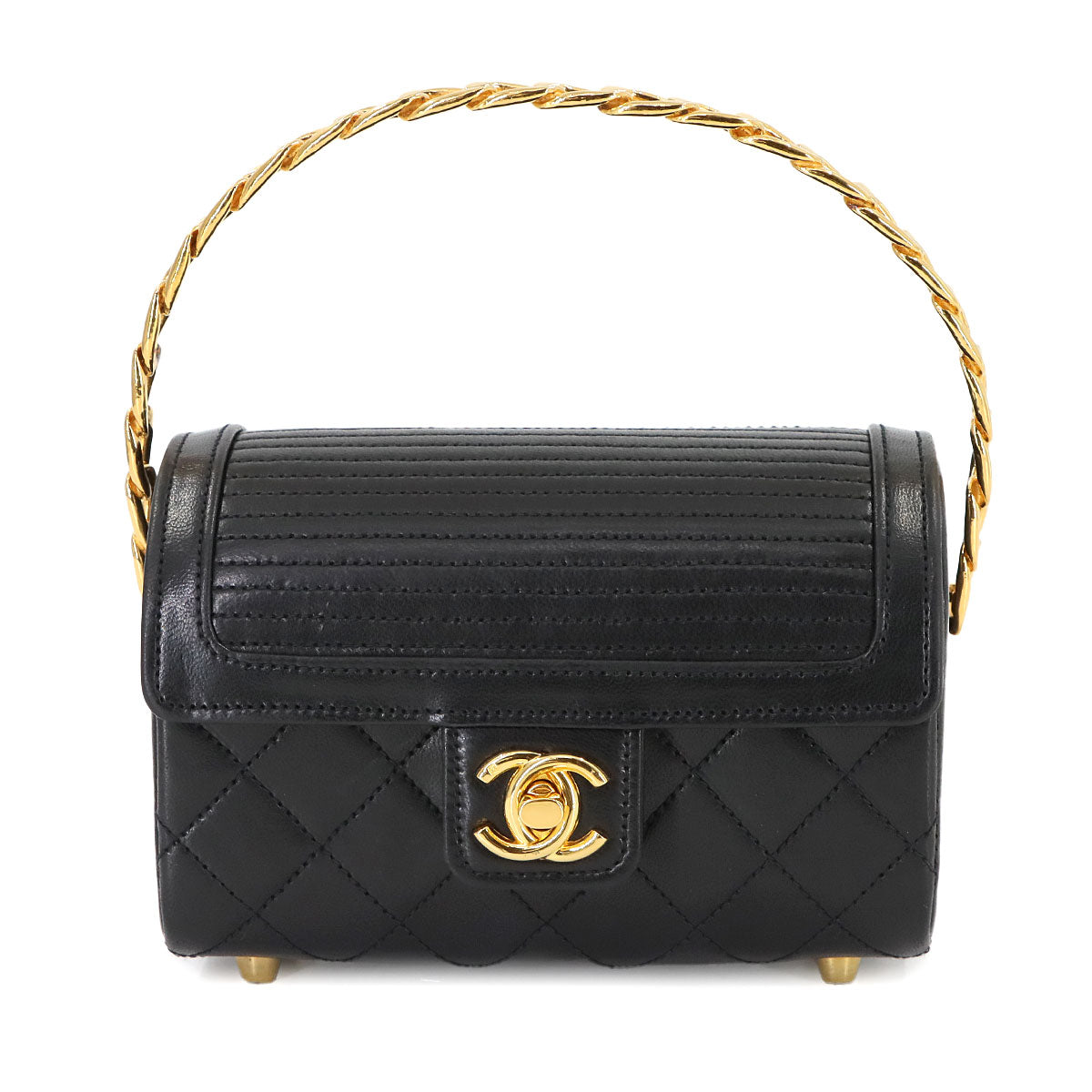 Matelasse Top Handle Flap Hand Bag Leather Black Vintage Purse