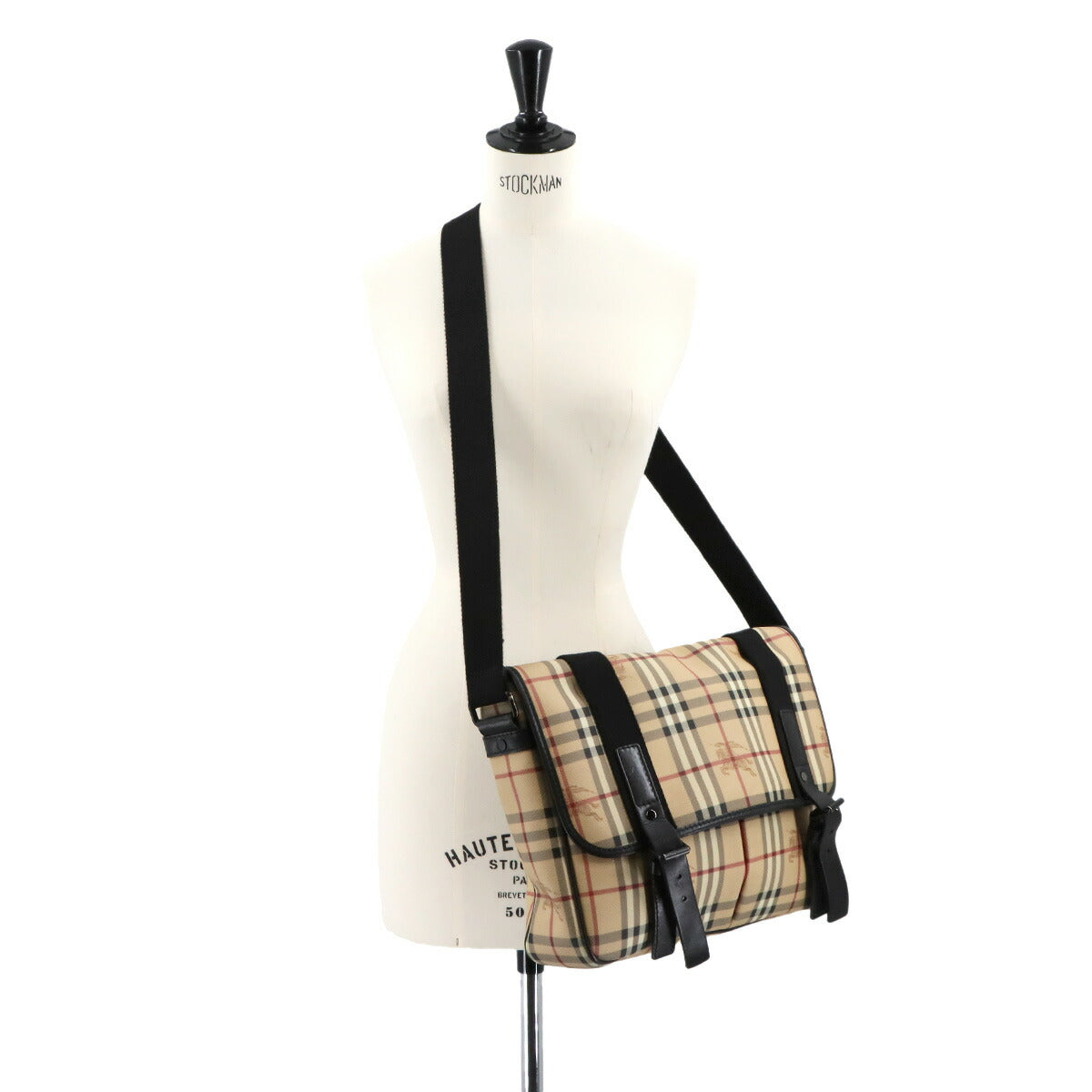 Plaid Messenger Shoulder Bag PVC Leather Beige Haymarket Check