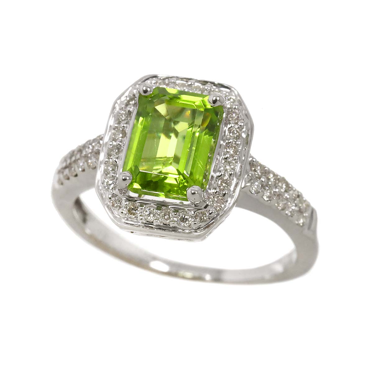 Peridot 1.50ct Diamond 0.25ct Ring 18K K18 WG size5.5-5.75(US)