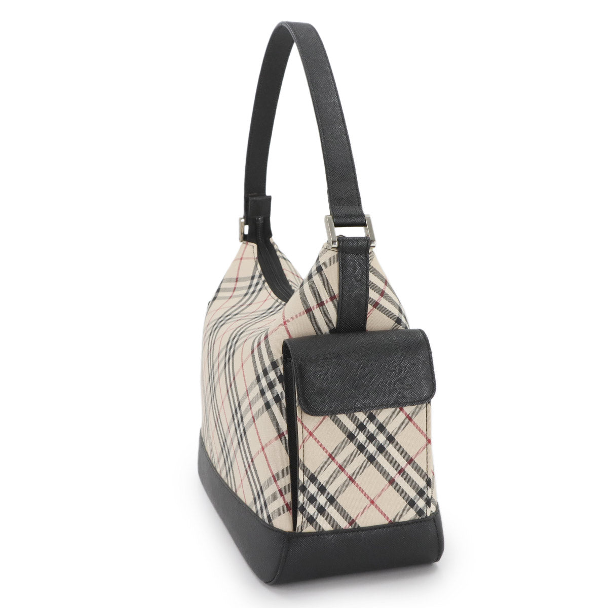 Plaid Shoulder Bag Canvas Leather Beige Black Purse