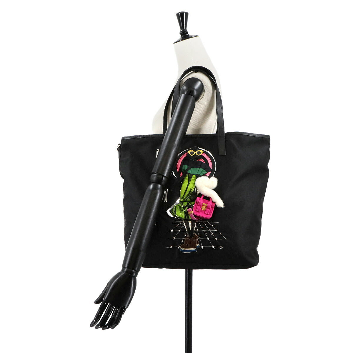 Robot Tote Bag Nylon Saffiano Leather Black Girl motif Purse