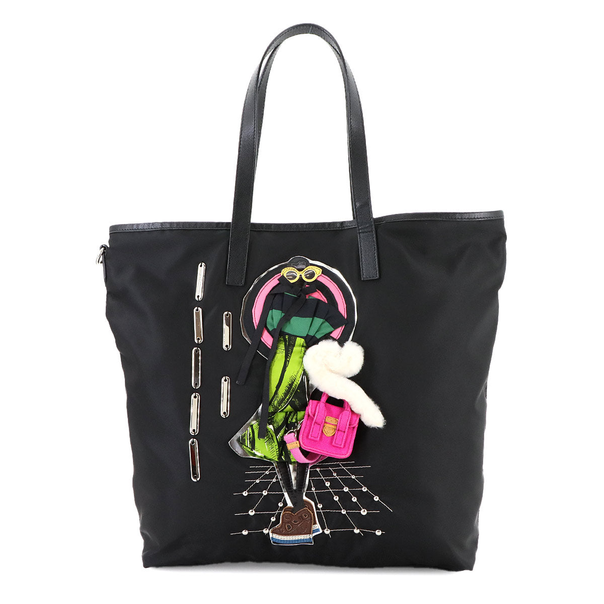 Robot Tote Bag Nylon Saffiano Leather Black Girl motif Purse