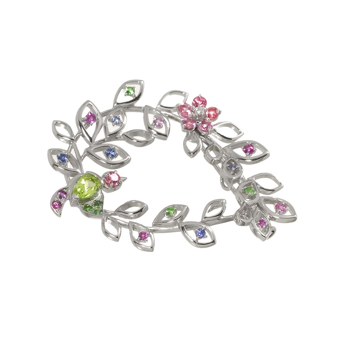 Peridot Diamond 0.08ct Sapphire Multi Stone Brooch 18K WG 750